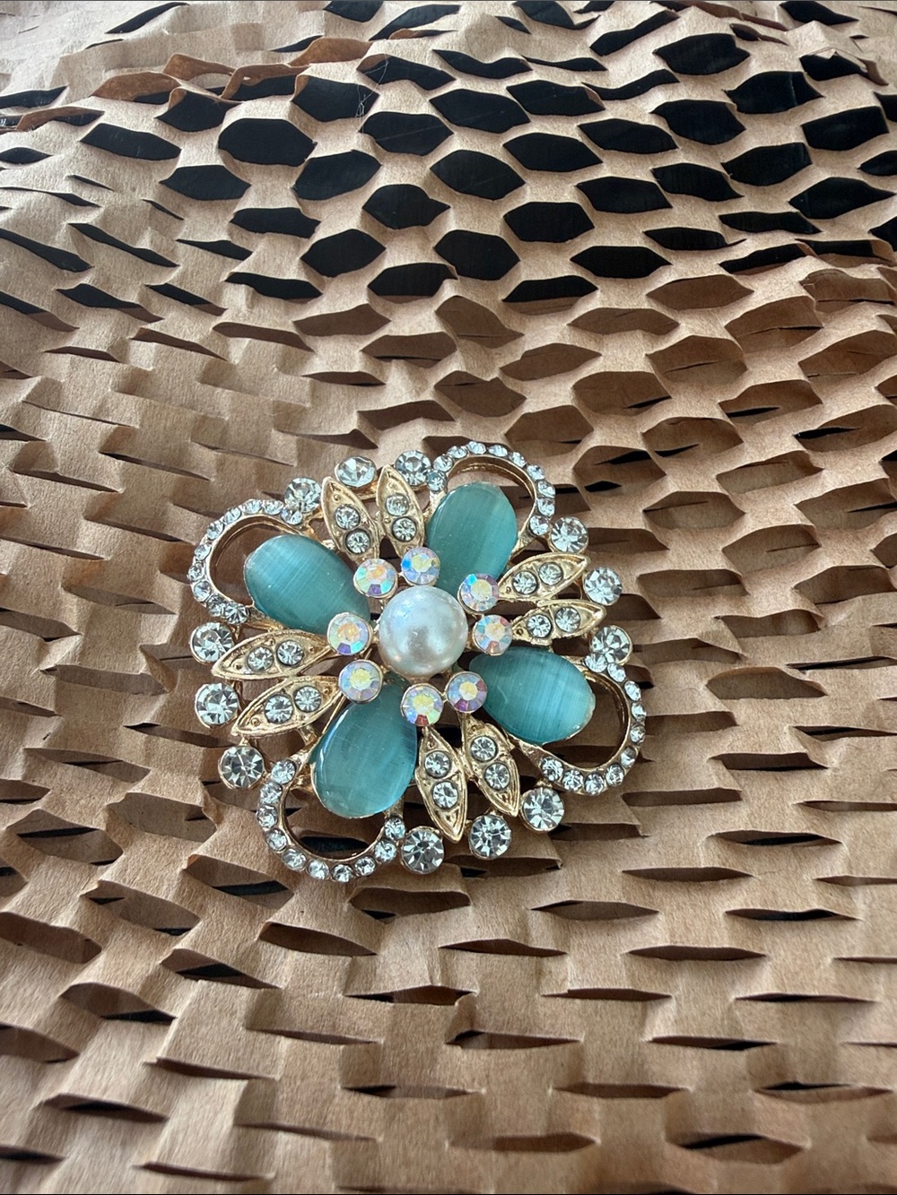 Delicate Blue Flower Crystal Brooch with Pearl Center